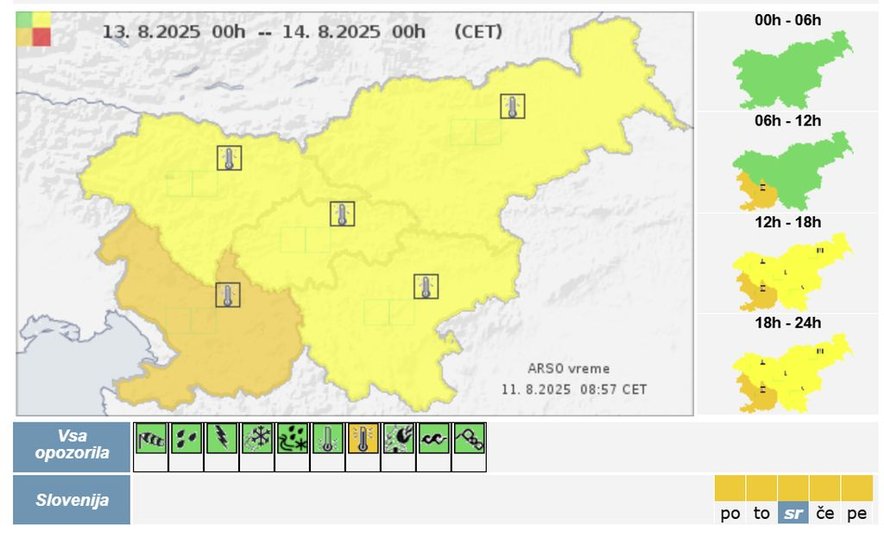 Arso je za sredo za večji del države izdal rumeno vremensko opozorilo. Oranžno opozorilo za jugozahod pa velja že od danes naprej.